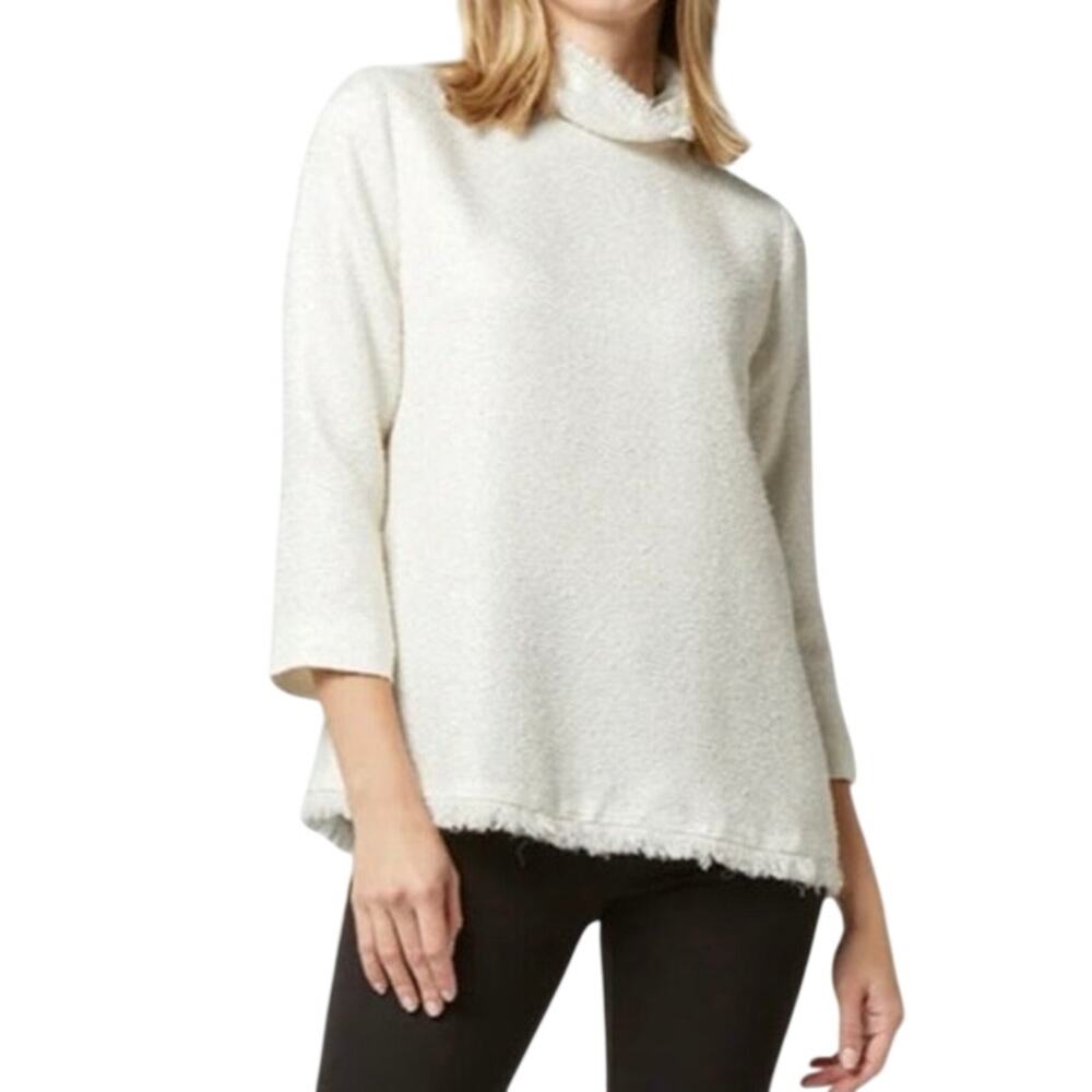 Ann Mashburn Ana Metallic French Tweed Fringe Top Ivory Silver NWT XS